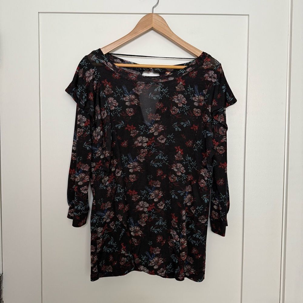 Free People Top Blouse Womens Sz L Black Ruffle Floral Whimsigoth Boho Stretch